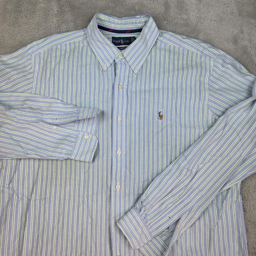 Ralph Lauren Button Down Shirt Mens XL Classic Fit Striped Oxford Blue Green